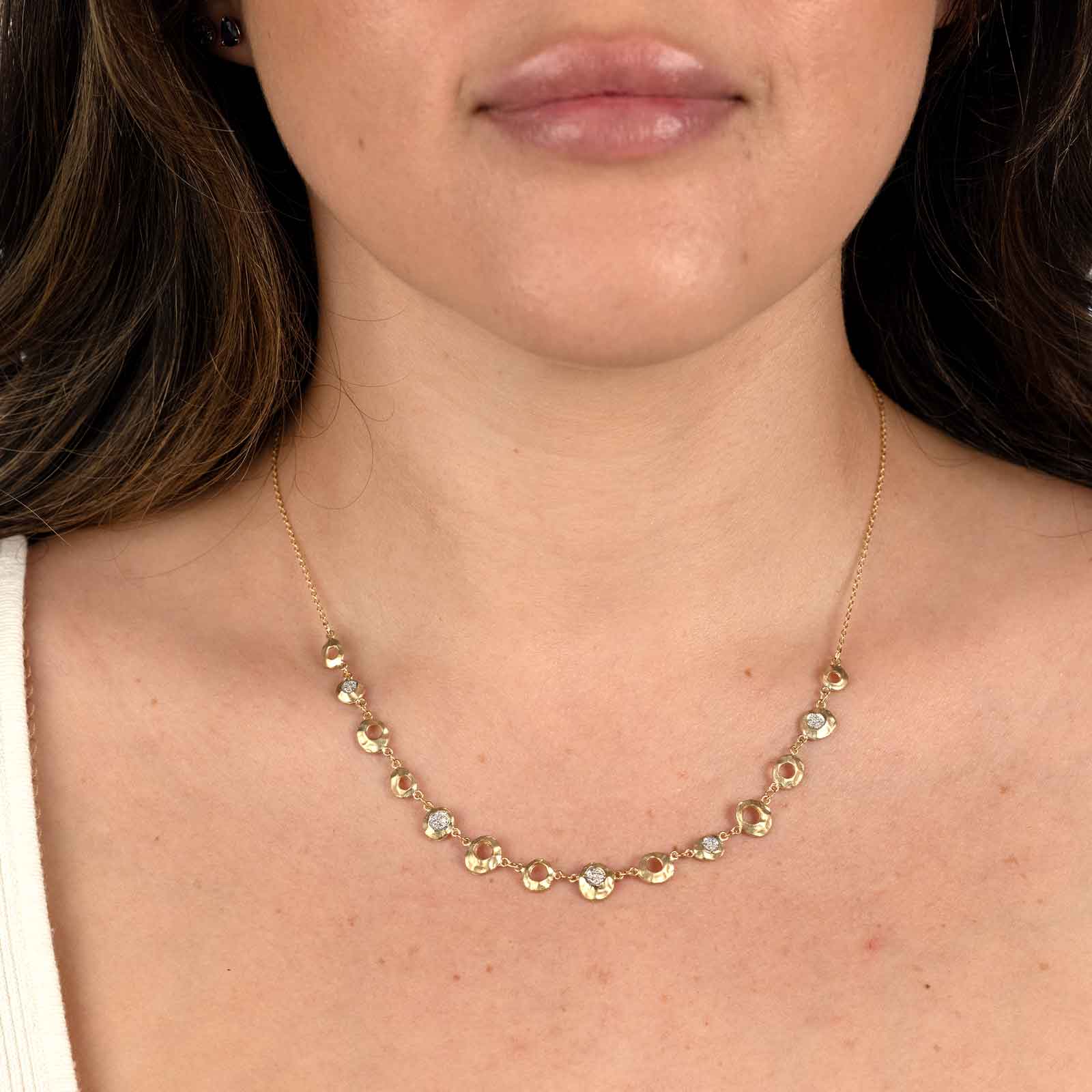 Hammered Diamond Design Necklace, 14K Yellow Gold, Diamond