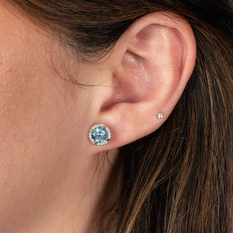 Round Blue Topaz And Diamond Earrings, 14K White Gold