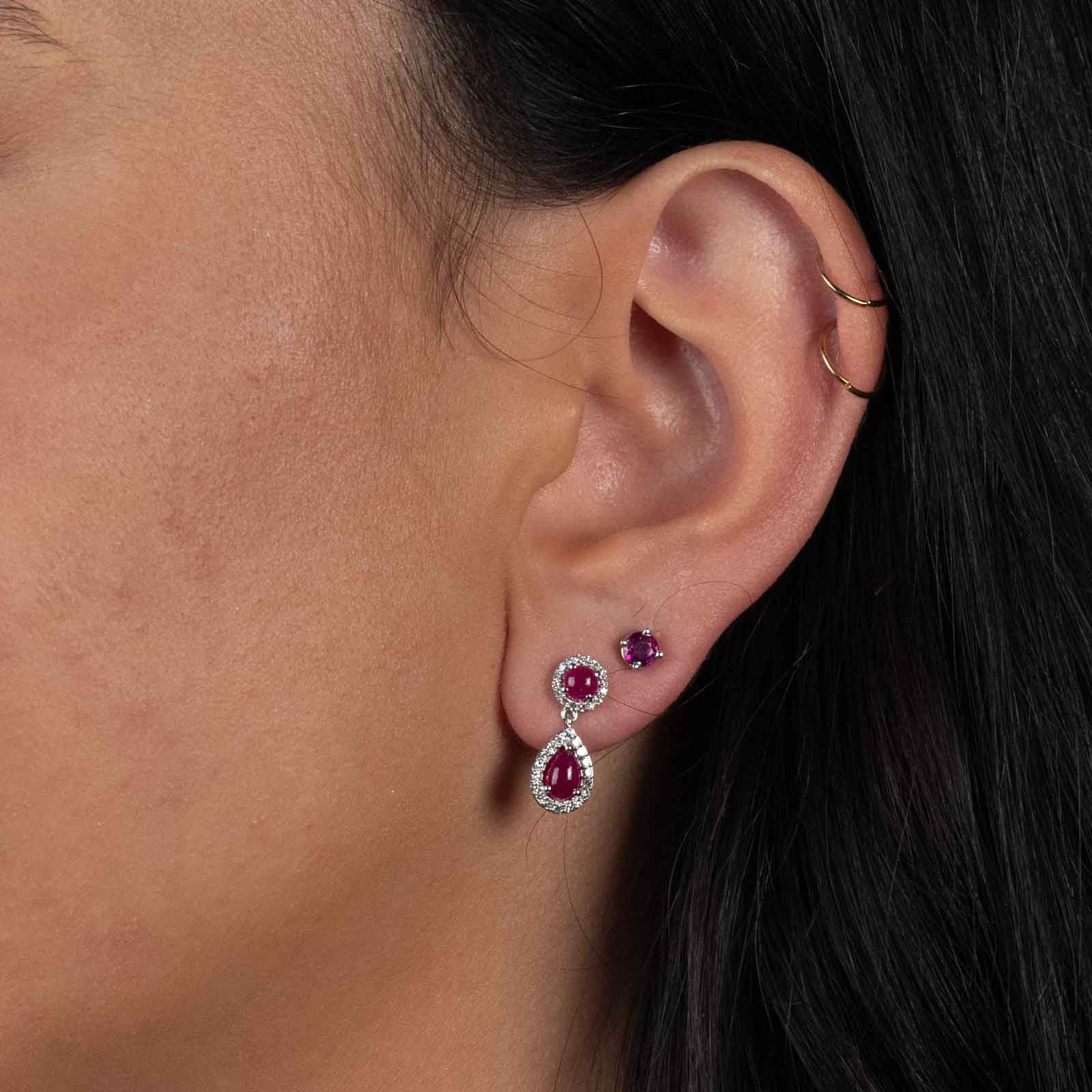 Sterling Silver Simulated Ruby and Cubic Zirconia Drop Halo Design Earrings  - Artune Jewelry Online