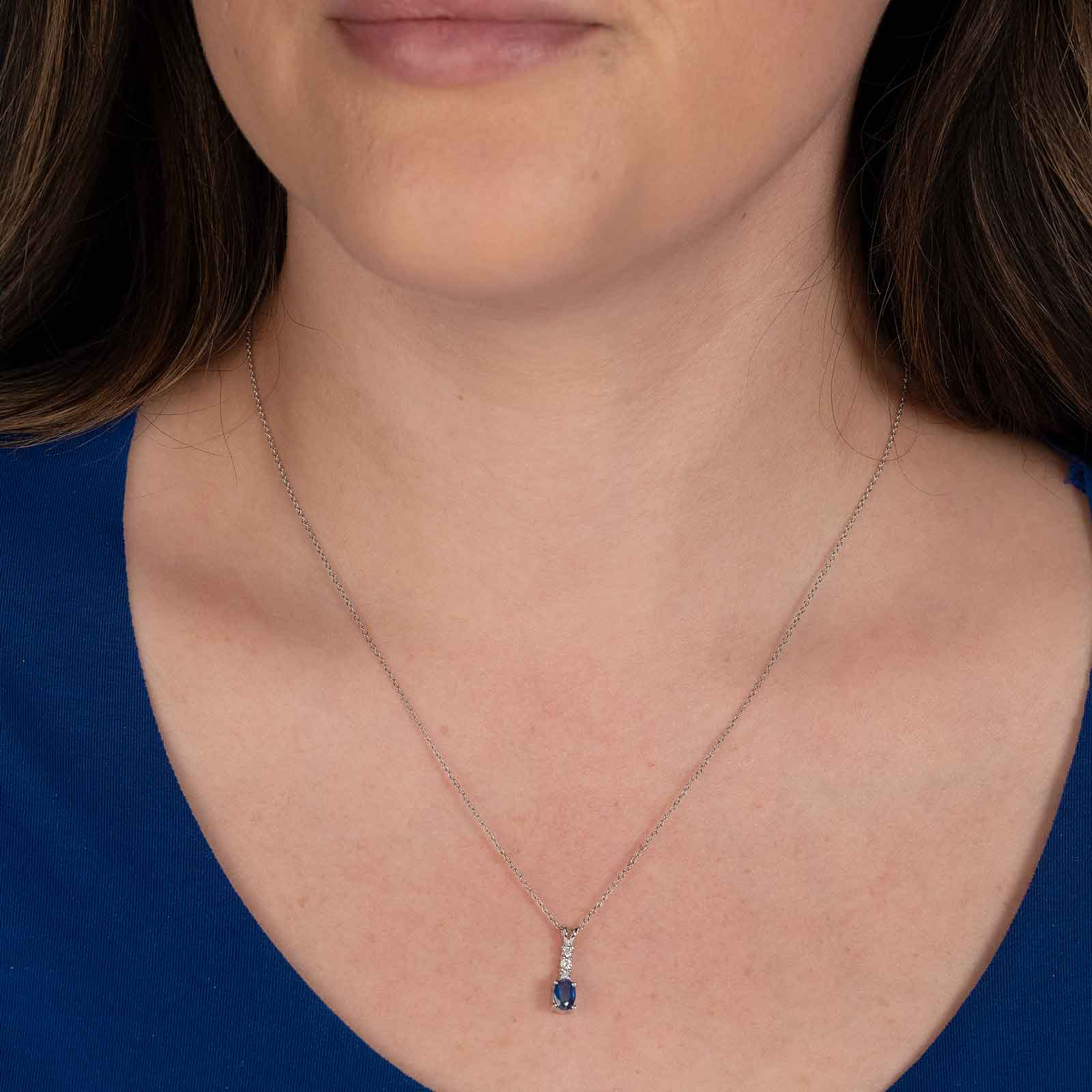 Blue Sapphire and Diamond Drop Pendant 14K White Gold