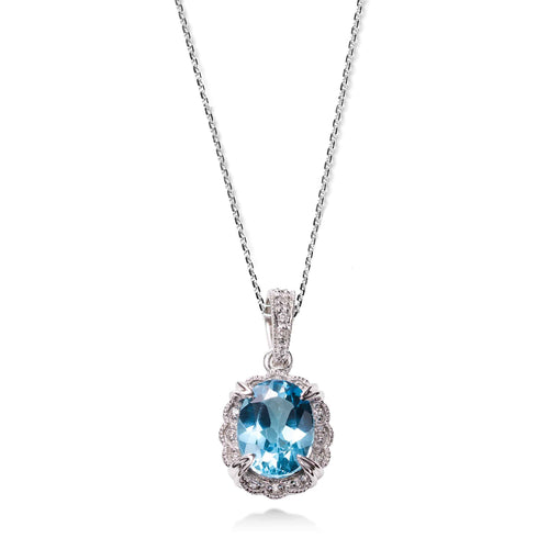 Blue Topaz and Diamond Pendant, 14K White Gold