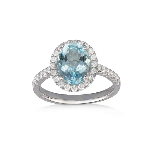 Oval Aquamarine and Diamond Halo Ring, 18K White Gold