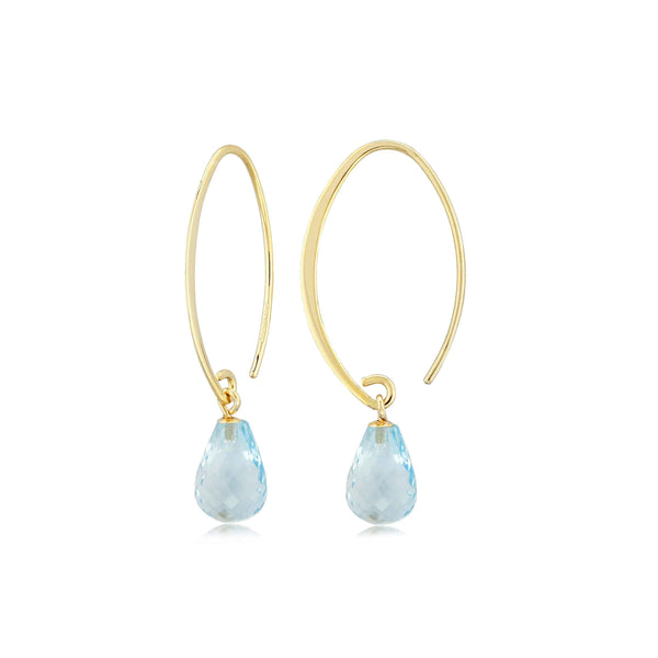 Oval Hoop Earrings With Blue Topaz Briolette, 14k Yellow Gold 