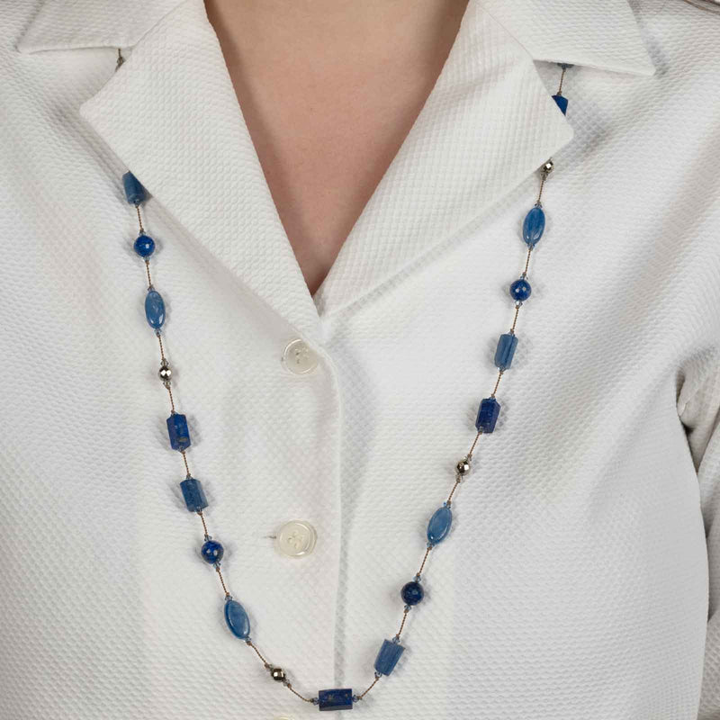 Kyanite, Lapis, and Pyrite 35 Inch Necklace, Sterling Silver