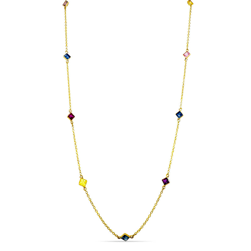 Multicolor Sapphire Station Necklace, 18 Inches, 18K Yellow Gold