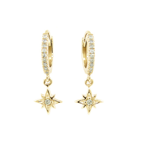 Diamond Hoops with Starburst Dangle, 14K Yellow Gold