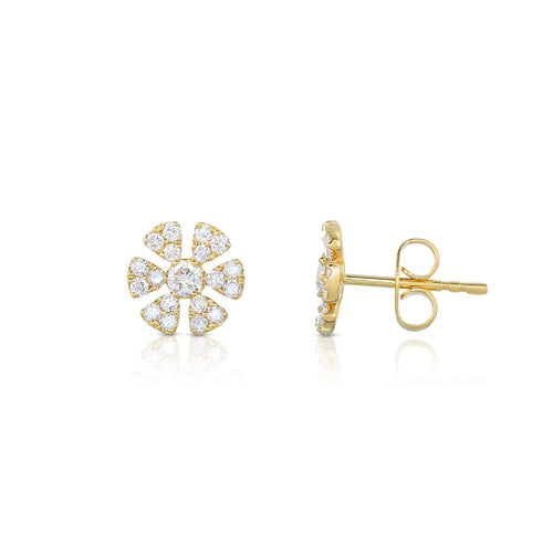 Pavé Diamond Flower Earrings, 14K Yellow Gold