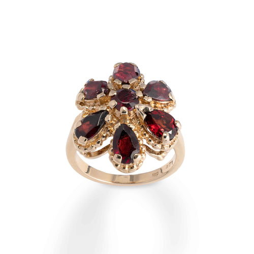 Pre-Owned Garnet Flower Design Ring, 14K Yellow Gold