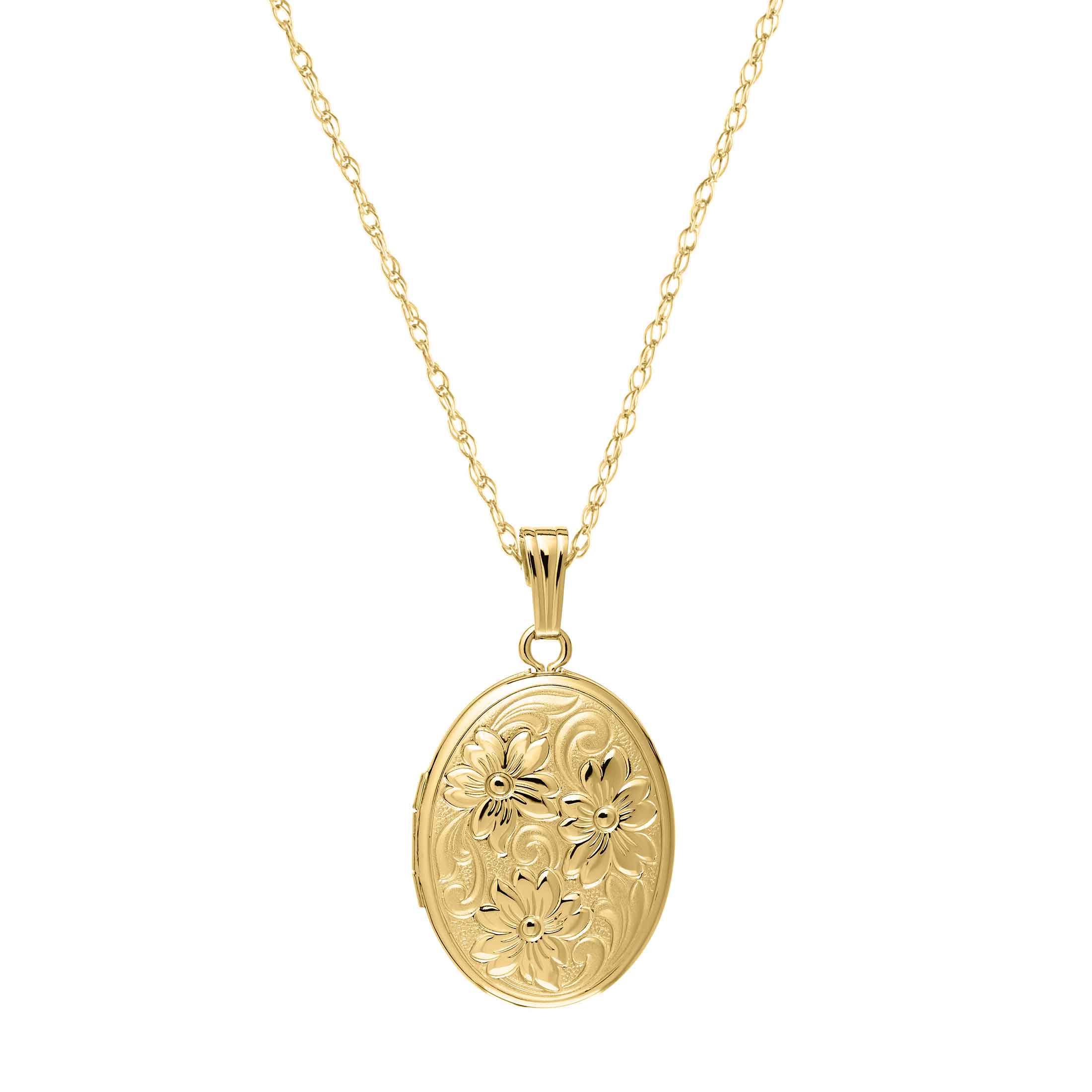 9ct Yellow Gold Engraved Oval Flower Locket Necklace