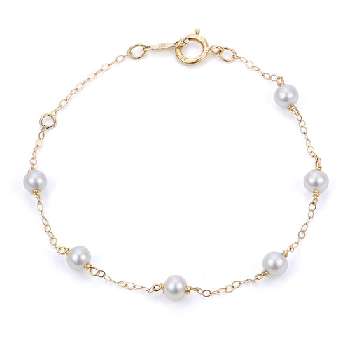 Child's 4MM Pearls Station Bracelet, 6 Inches, 14K Yellow Gold