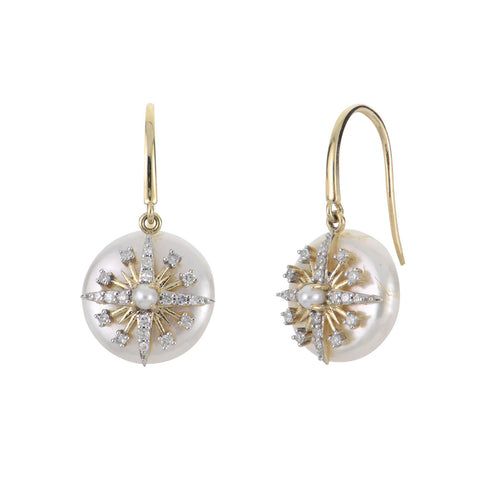 Coin Pearl and Diamond Drop Earrings, 14K Yellow Gold