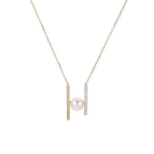 Freshwater Pearl and Diamond Modern Necklace, 14K Yellow Gold