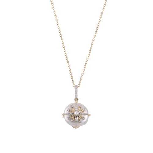 Coin Pearl and Diamond Pendant, 14K Yellow Gold