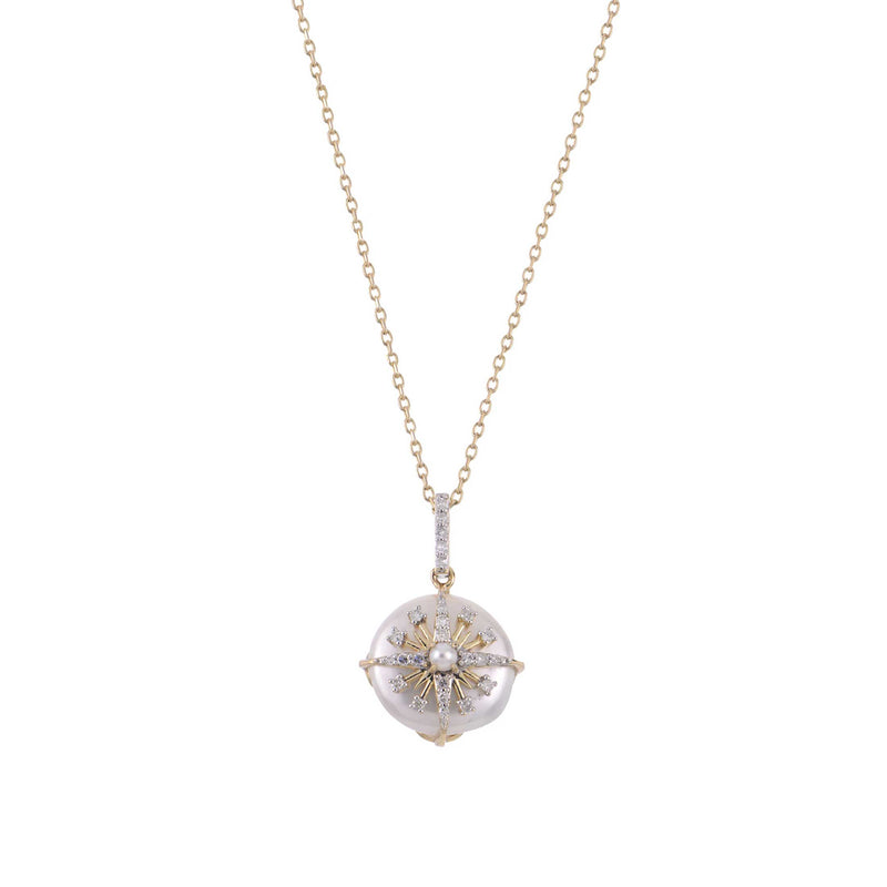 Coin Pearl and Diamond Pendant, 14K Yellow Gold