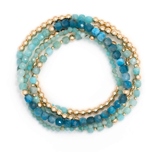 Colors of the Sea and Gold Filled Beads, Stretch Bracelets, Set of 5