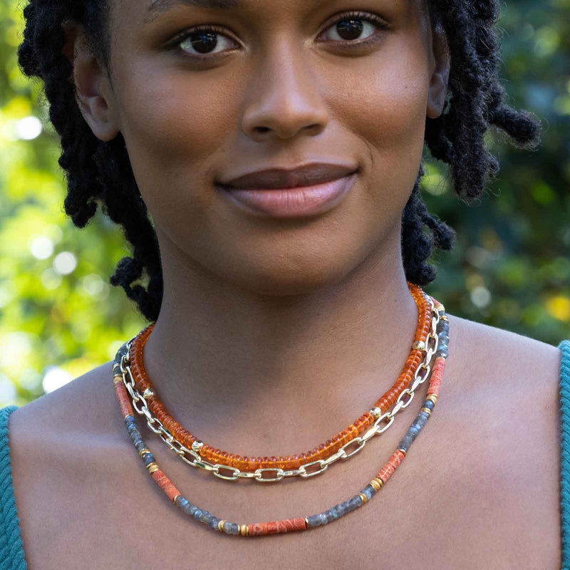 Labradorite and Coral Bead Necklace, 24 Karat Vermeil