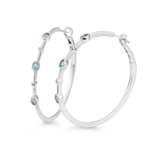 Blue Topaz and White Sapphire Hoops, 1.75 Inches, Sterling Silver