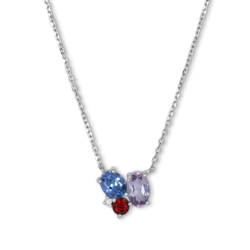 Multi Gemstone Cluster Necklace with Diamond Accent, Sterling Silver