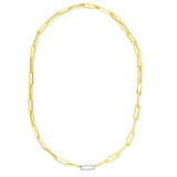 Paperclip chain with diamonds link center, .32 carat total weight, 14 karat yellow and white gold