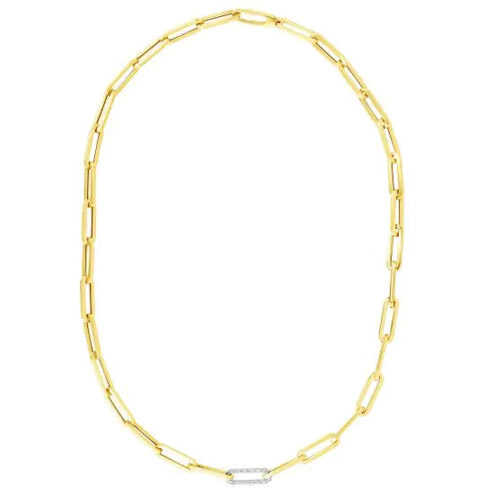 Paperclip chain with diamonds link center, .32 carat total weight, 14 karat yellow and white gold