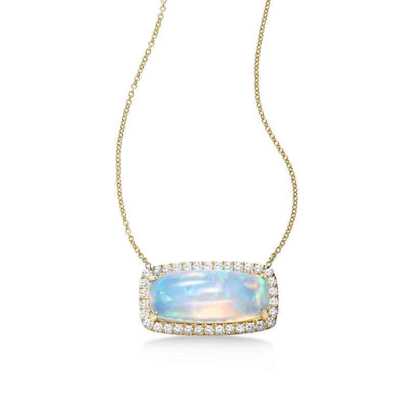 Opal and Diamond Halo Necklace, 14K Yellow Gold