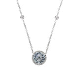 Round Aquamarine and Diamond Halo Necklace, 14K White Gold