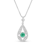 Vintage Style Emerald and Diamond Drop Pendant, 14K White Gold