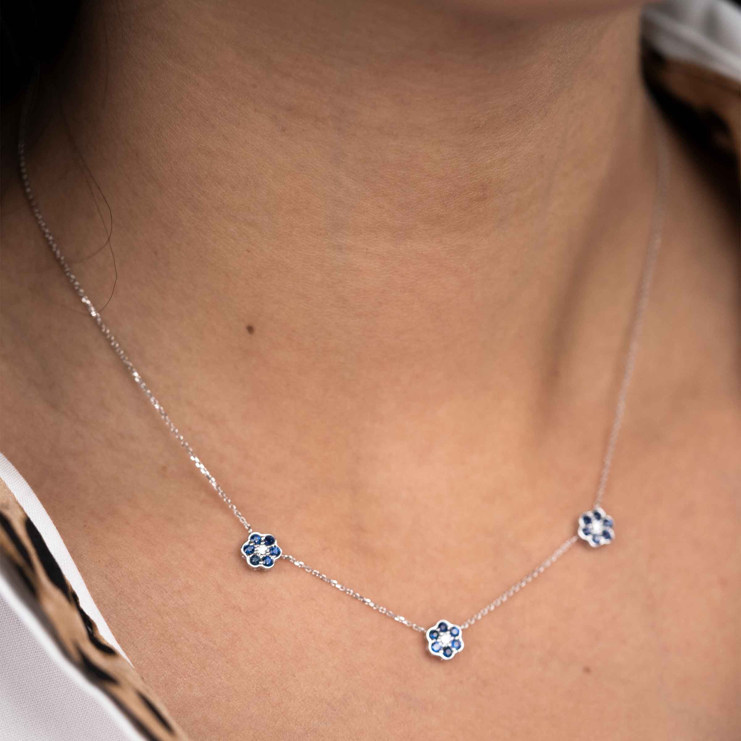 Sapphire and Diamond Flower Necklace, 14K White Gold | Long Island