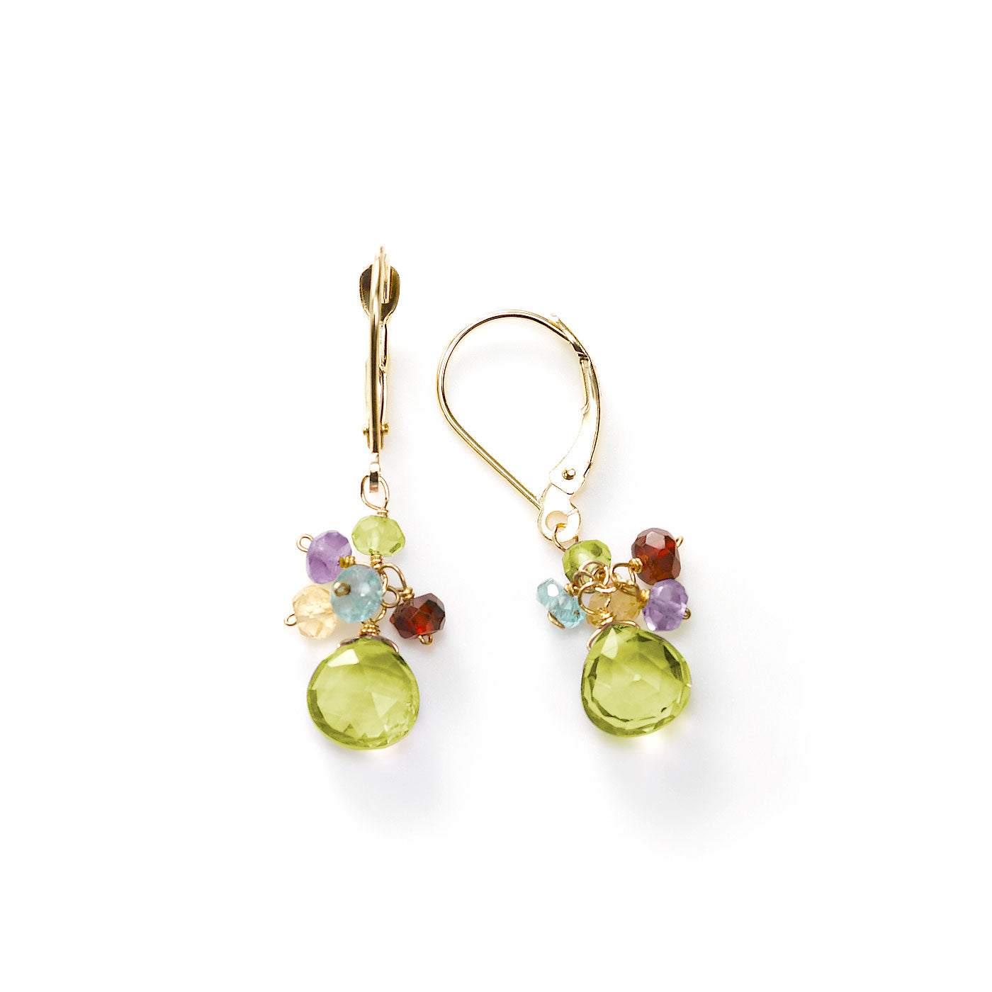 Peridot and Multi Gemstone Dangle Earrings, 14K Yellow Gold