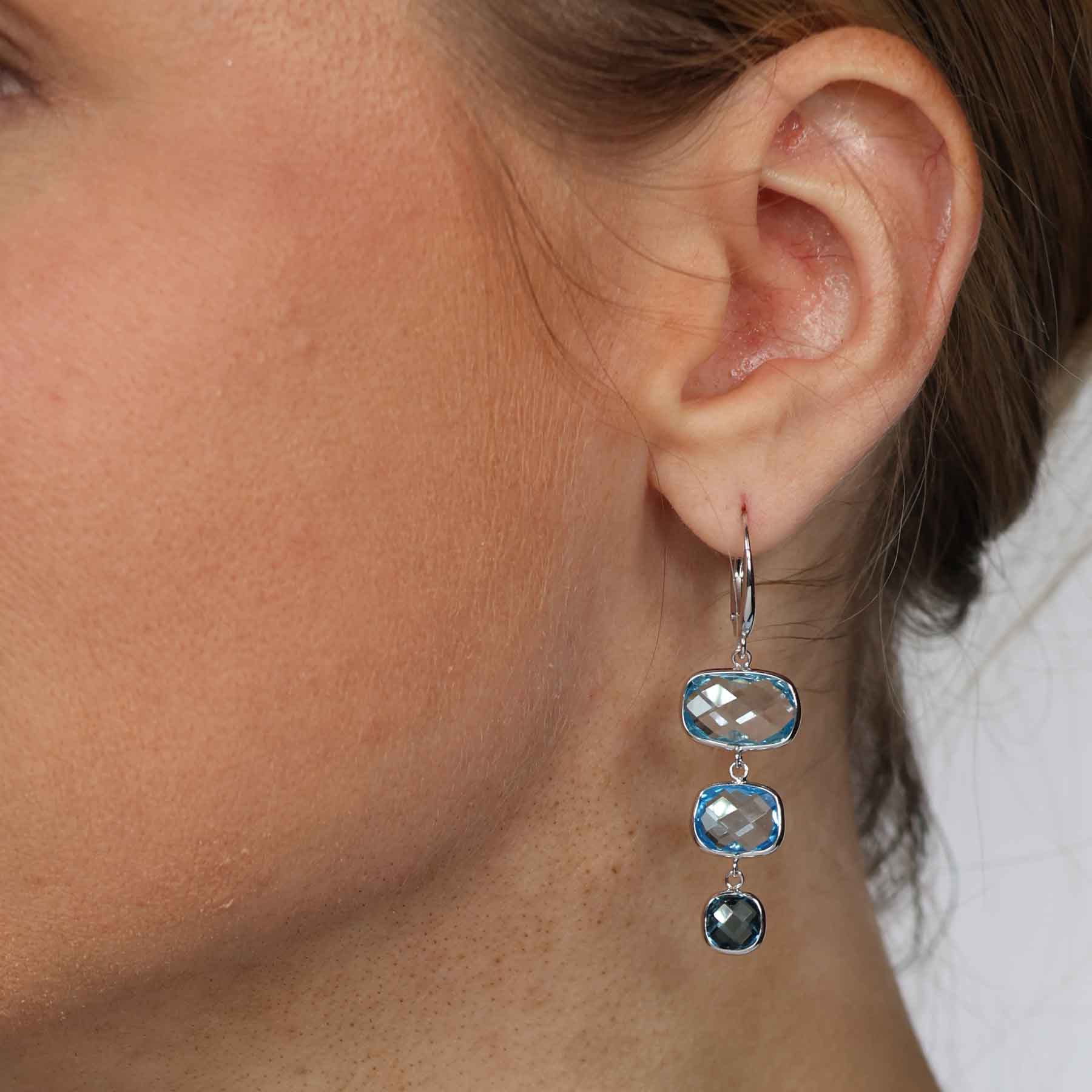 Faceted Blue Topaz Dangle Earrings 14K White Gold