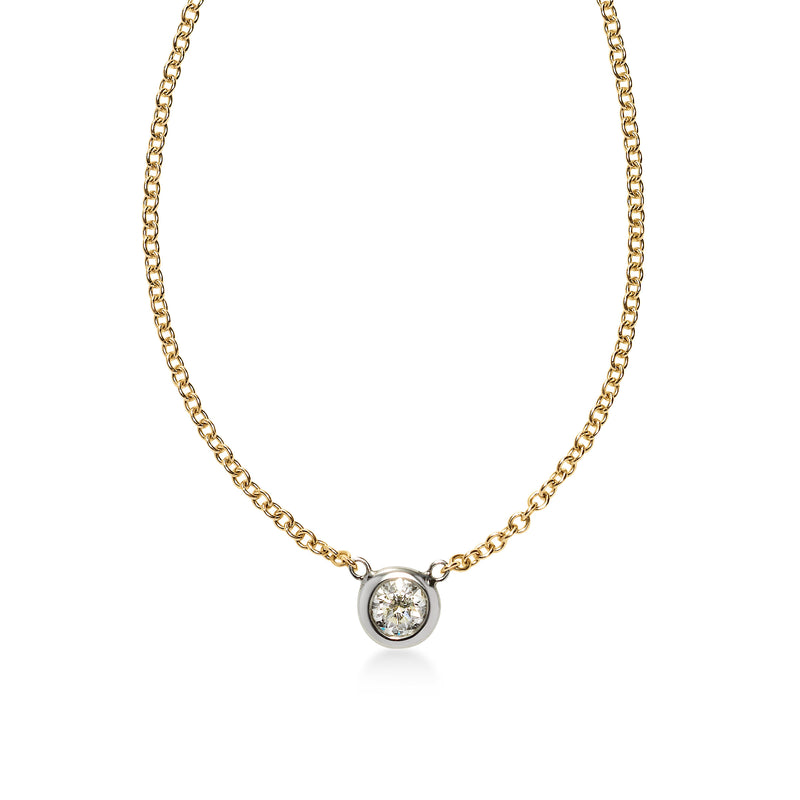 Two Tone Bezel Set Diamond Solitaire Necklace, .06 Carat, 14 Karat Gold