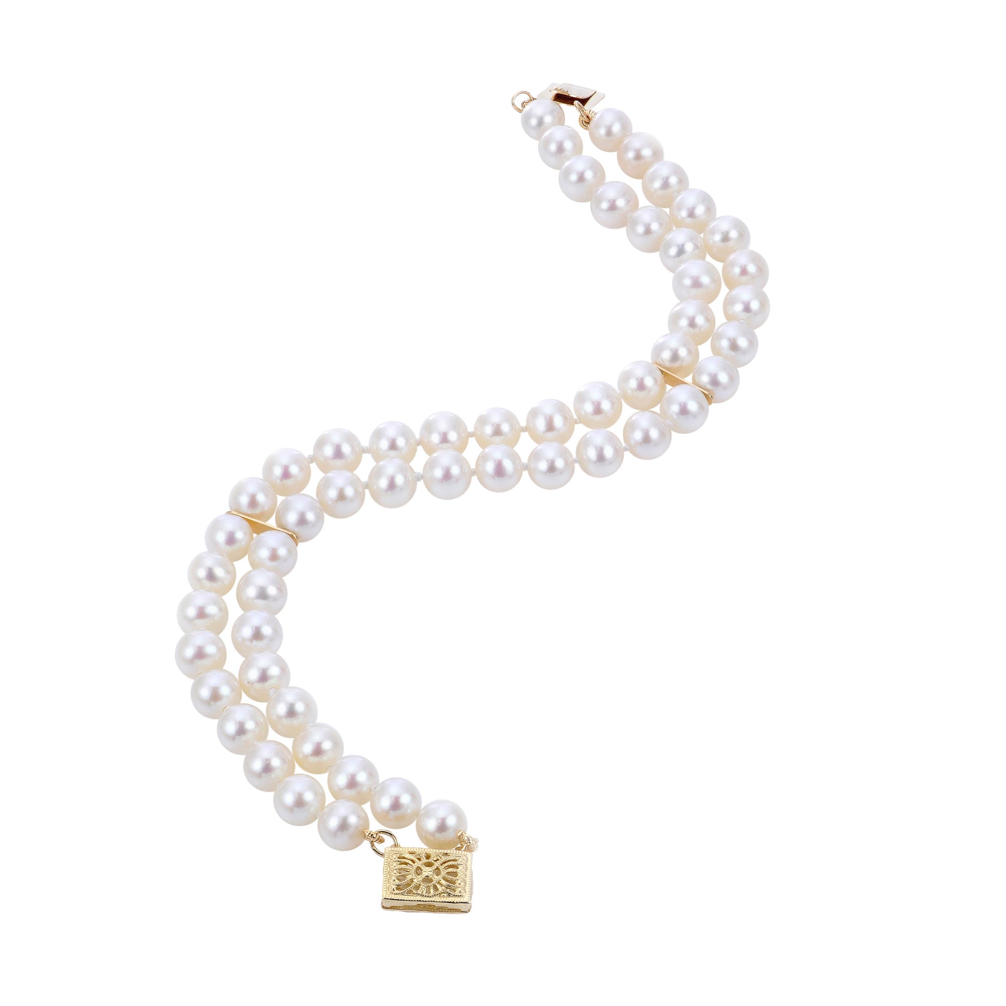 Double Akoya Cultured Pearl Bracelet, 6.5-7MM, 14K Yellow Gold