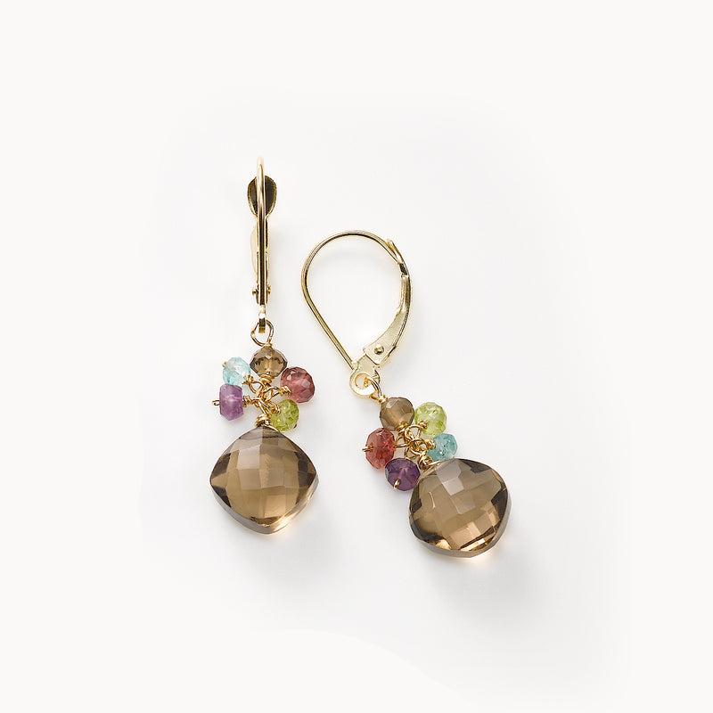 Smoky Quartz and Multi Gemstone Dangle Earrings, 14K Yellow Gold ...