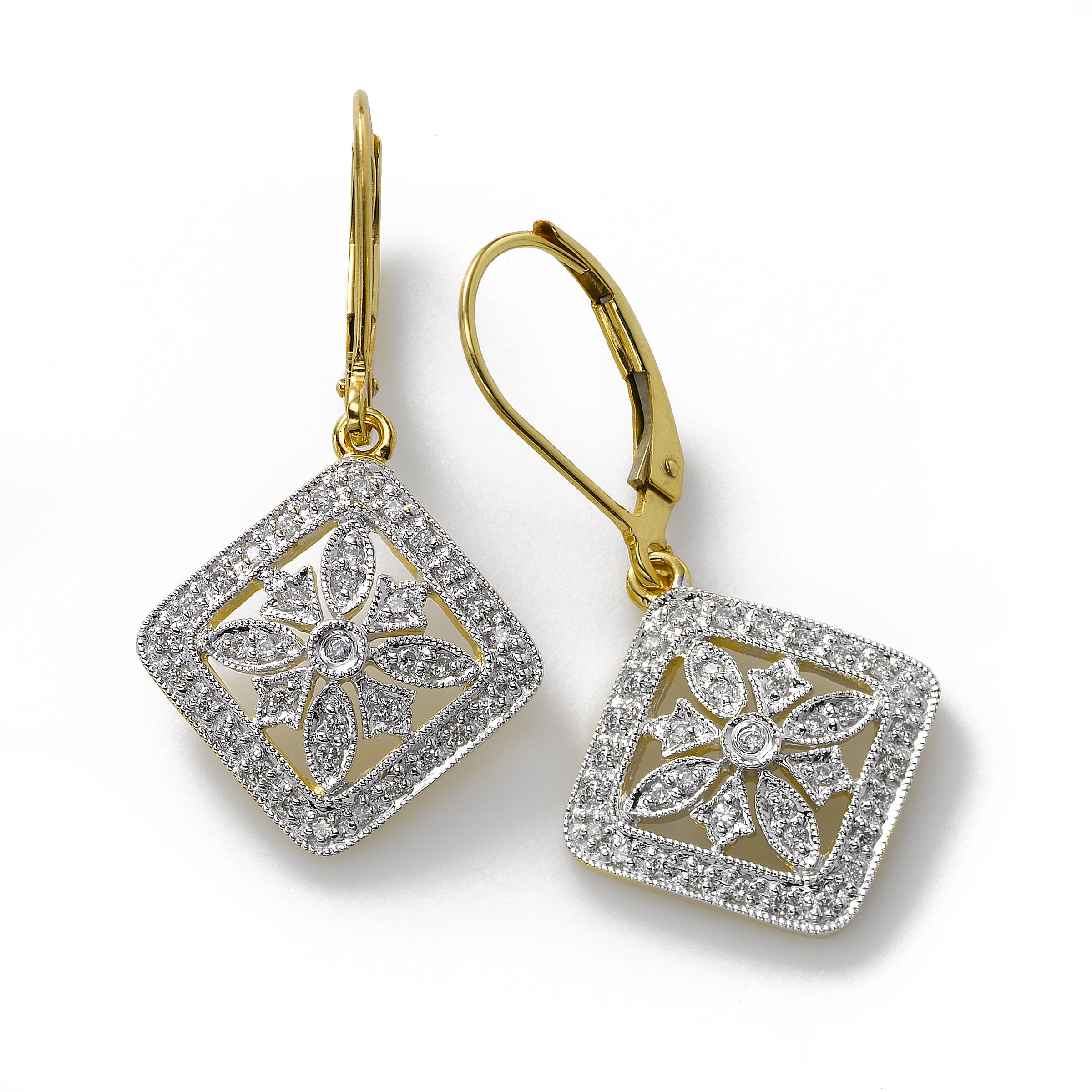Textured Square Pave Diamond Earring Studs in 14k Gold - Filigree