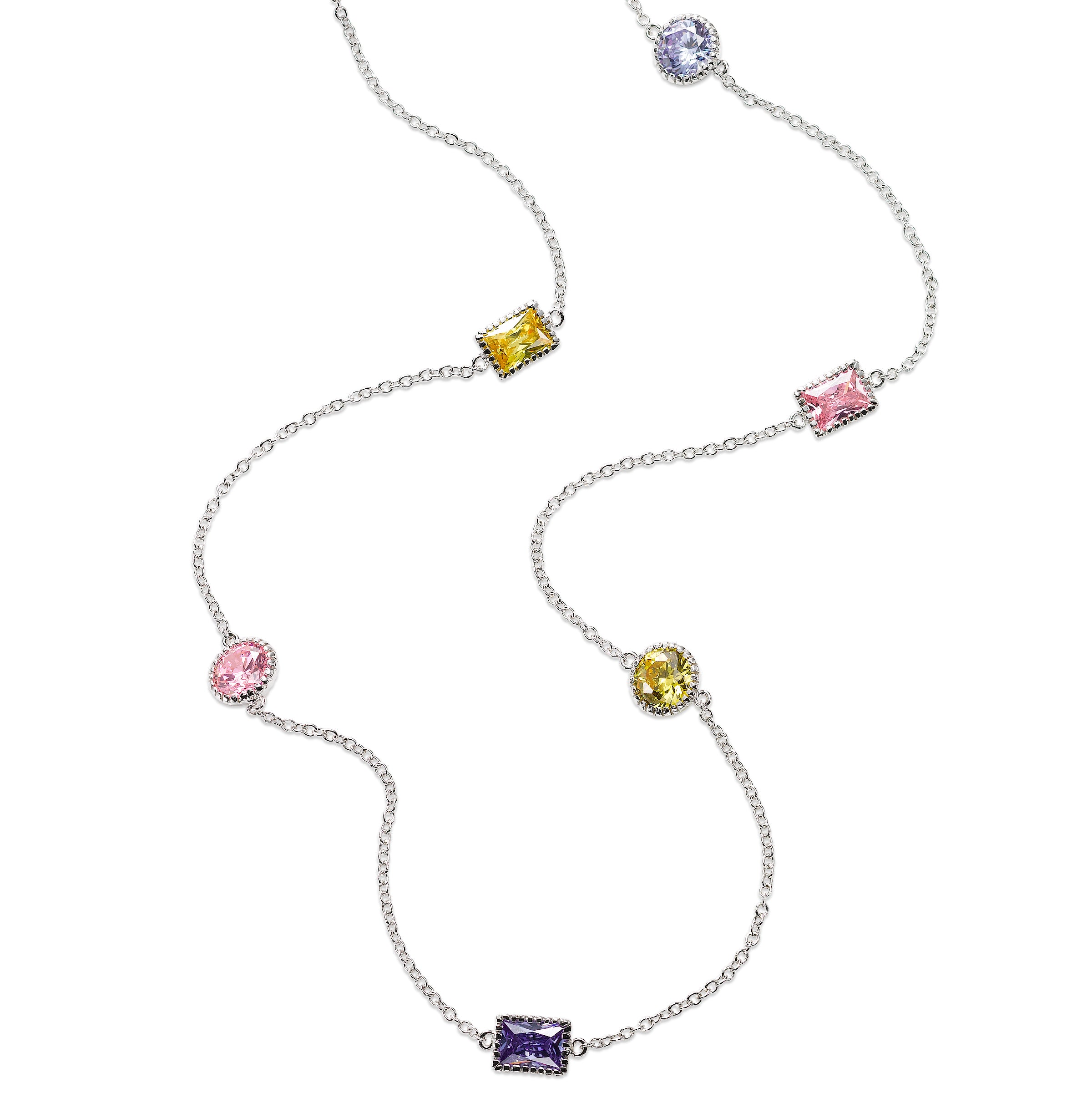 Sterling Silver & Yellow Gold Plated Rectangular Colour Stones & Cubic  Zirconia Necklet